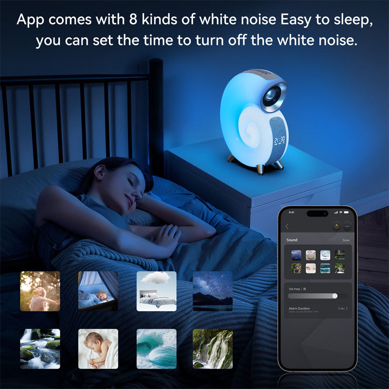 Atmospheren Licht mit Bluetooth Weckerfunktion Schlafgeräusche für Baby APP Control